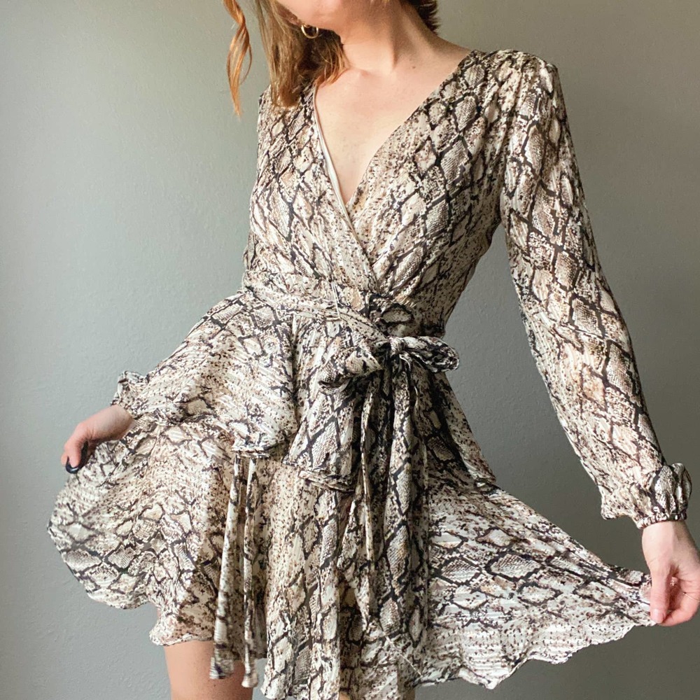 Do + Be Snakeskin Printed Long Sleeve Tiered Ruffle Mini Dress